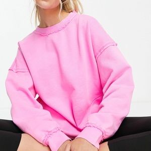 Free People MOVEMENT Solid Metti Crew Pullover Miami Pink Raw Edge Oversized S-M